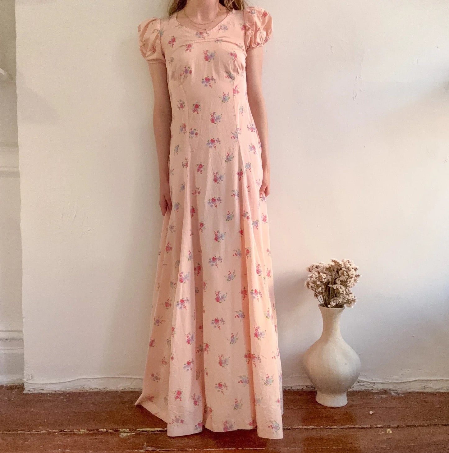 1930s/1940s Bias-Cut Rayon Floral Gown (Size XXS)