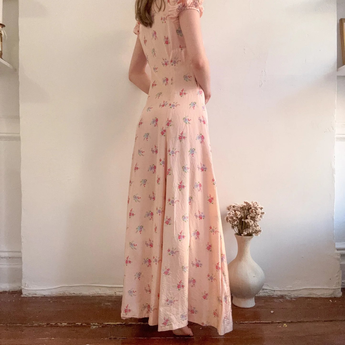 1930s/1940s Bias-Cut Rayon Floral Gown (Size XXS)