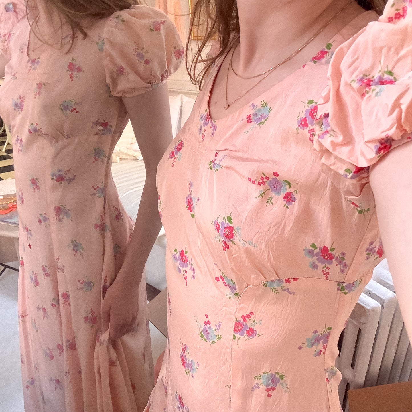 1930s/1940s Bias-Cut Rayon Floral Gown (Size XXS)